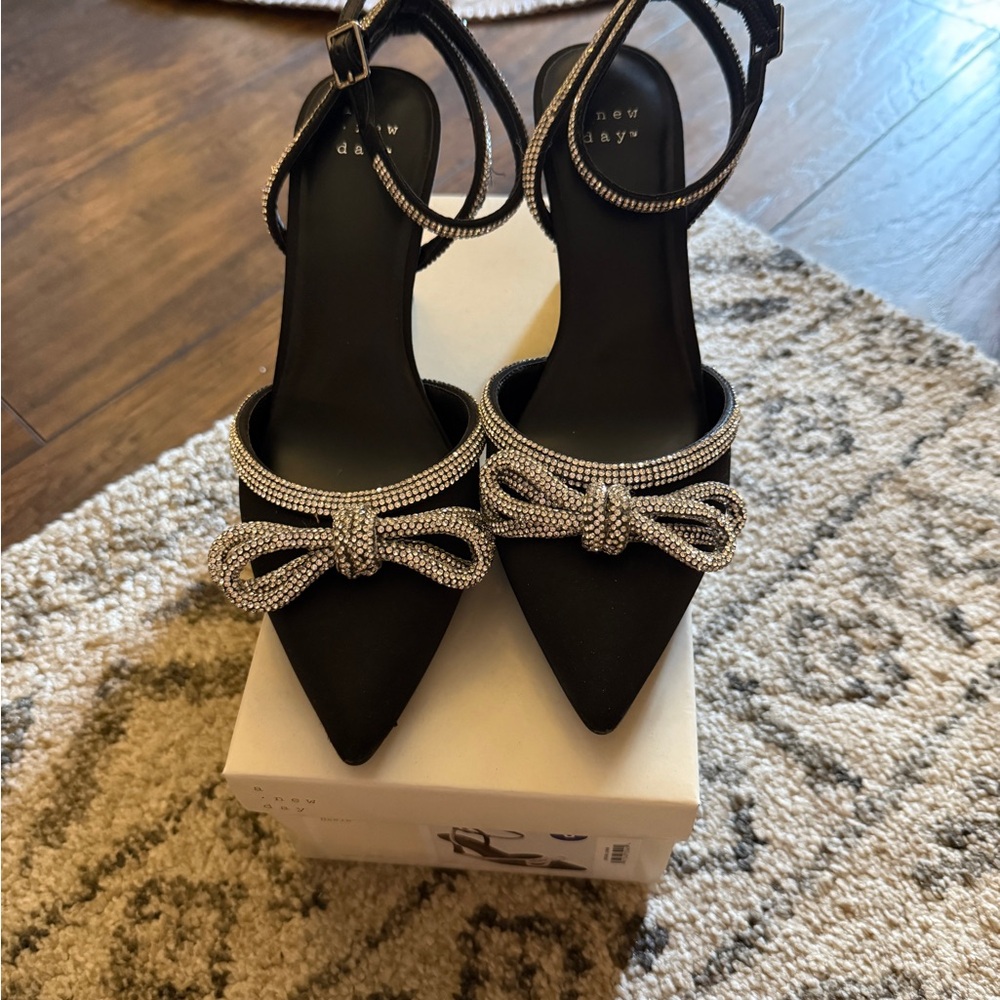 a new day Black Heels with Silver Bow Accents